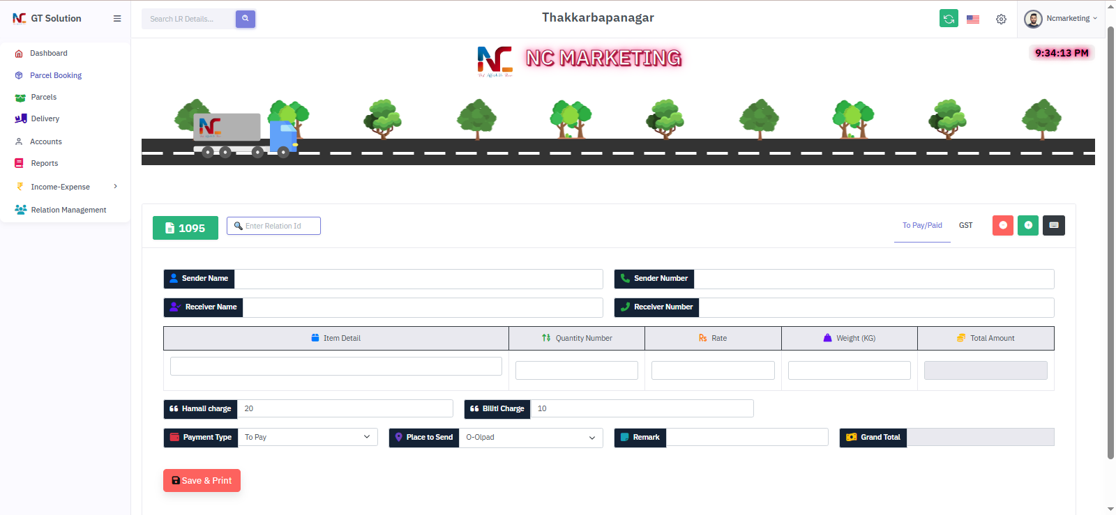 Parcel booking page